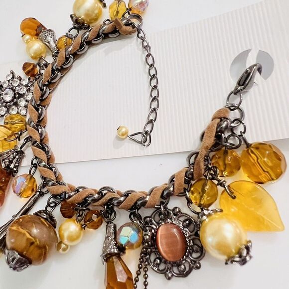 Art Glass Dangle Charm Bracelet Faux Pearl Leather Rhinestone Dangle Brown Yello - Picture 6 of 10